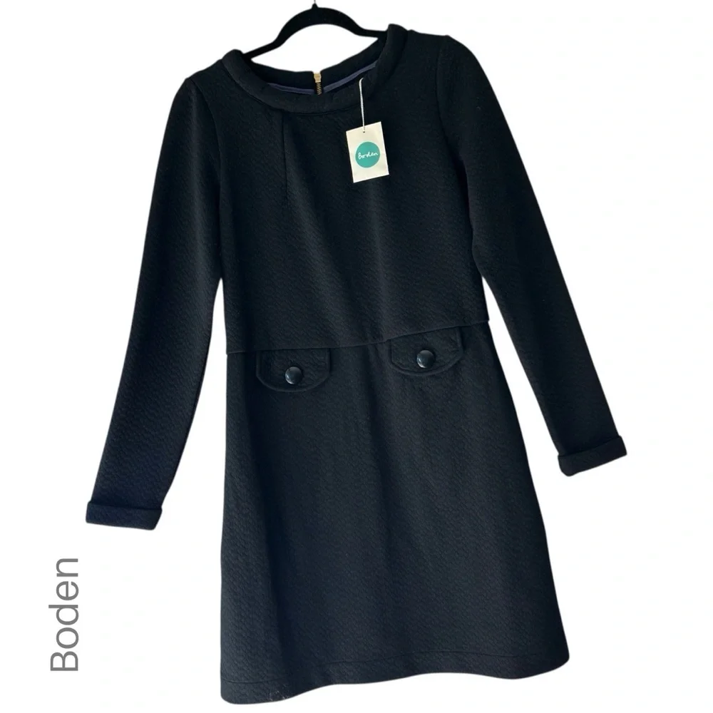 NWT | BODEN SIXTIES JACQUARD KNIT BLACK DRESS LINED LONG SLEEVE POCKETS | 6